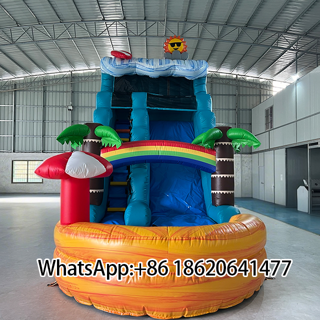 Colorful Tropical Inflatable Slide and Pool Setup
