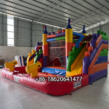 Double Slide Building Blocks Themed Inflatable Water Park with Splash Pool for Ultimate Summer Fun