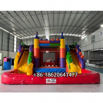 Double Slide Building Blocks Themed Inflatable Water Park with Splash Pool for Ultimate Summer Fun