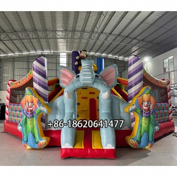Big Elephant and Clown Inflatable Play Castle with Dual Slides
