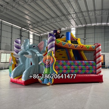 Big Elephant and Clown Inflatable Play Castle with Dual Slides