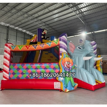 Big Elephant and Clown Inflatable Play Castle with Dual Slides