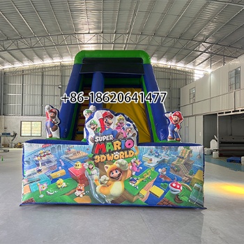 Super Mario Inflatable Dry Slide with Cartoon Mushroom Theme and Outdoor Play Area