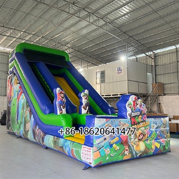 Super Mario Inflatable Dry Slide with Cartoon Mushroom Theme and Outdoor Play Area