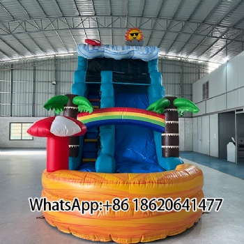Colorful Tropical Inflatable Slide and Pool Setup