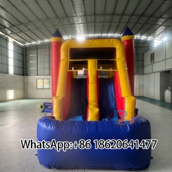 Vibrant Dual-Slide Inflatable Castle: Red-Yellow-Blue Color Pop for Kids' Fun